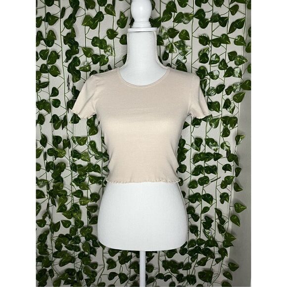 American Eagle Outfitters Tan Ruffle Short Sleeve Knit Crop Top Size XS - Picture 1 of 5